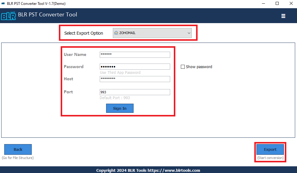 validate Zoho mail account for PST file migration