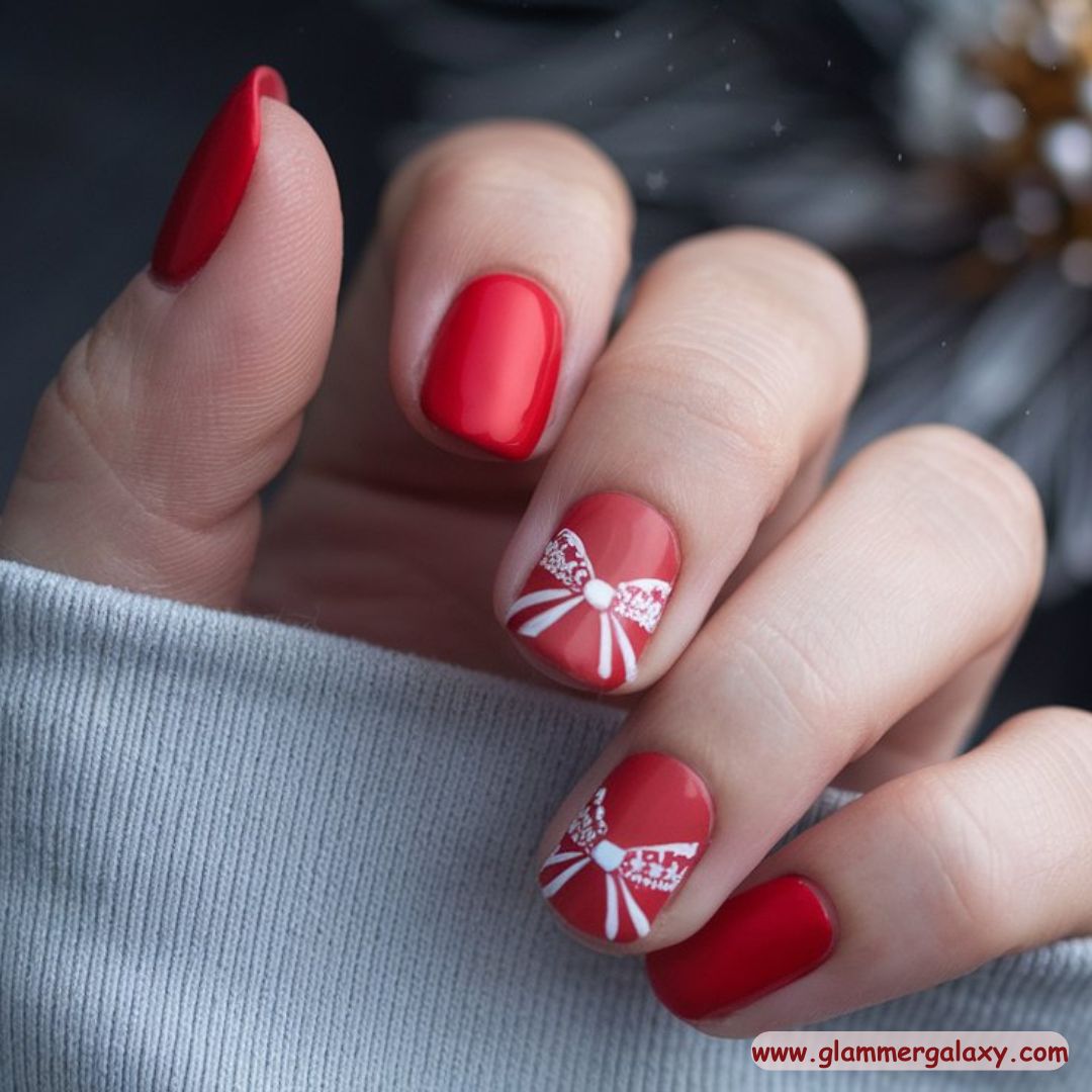 Red Winter Nail Designs having Festive Bow
