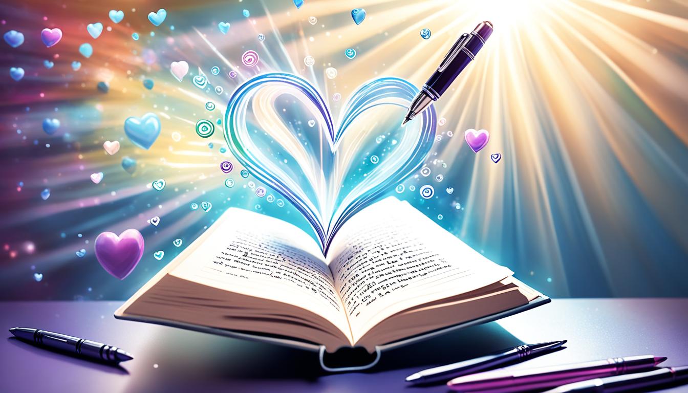 A pen over an open journal with a heart shape on the cover, surrounded by glowing rays of light. The pen is poised to write and there are bubbles emerging from the pen, filled with words of affirmation and positive thoughts. The bubbles float upwards towards a picture of the ex-partner taped to the wall, surrounded by more rays of light. The journal is placed on a wooden table, with candles and crystals in the background, creating a calm and serene atmosphere.