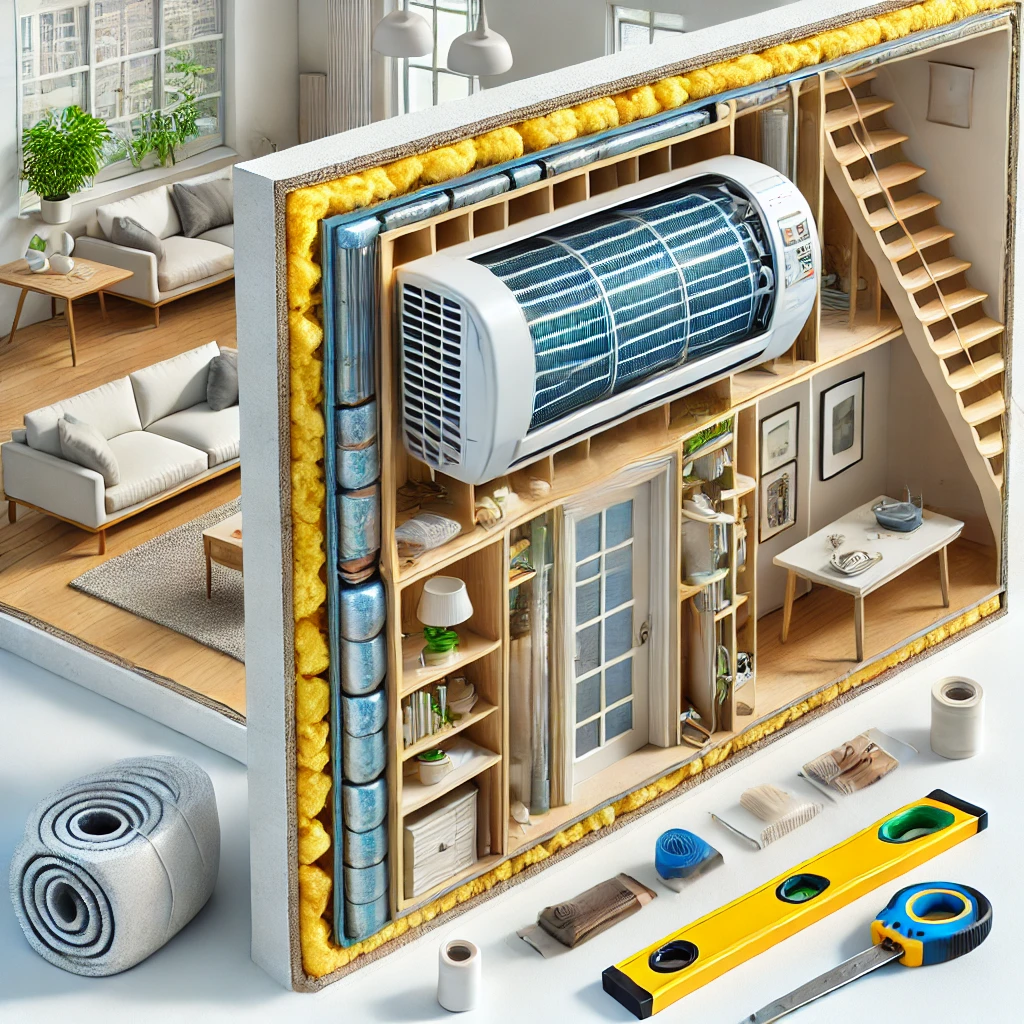 Through-the-wall air conditioner fitted into a framed wall sleeve, cooling a large living room space.