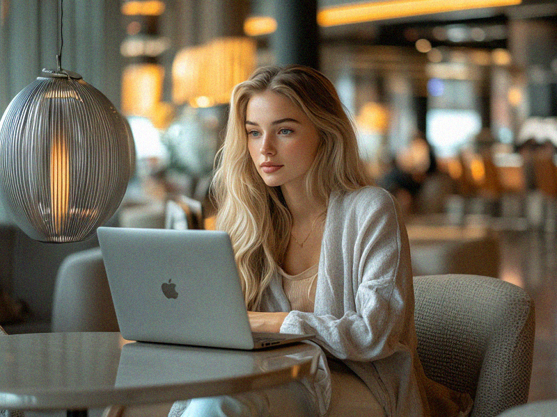 A woman sits at a table in one of O.R Tambo's well-lit, modern indoor waiting areas. She is using a silver Apple laptop and is dressed casually in a light-colored cardigan. There is a stylish hanging lamp to her left, and the background is blurred, indicating a busy environment with other people and warm lighting. 