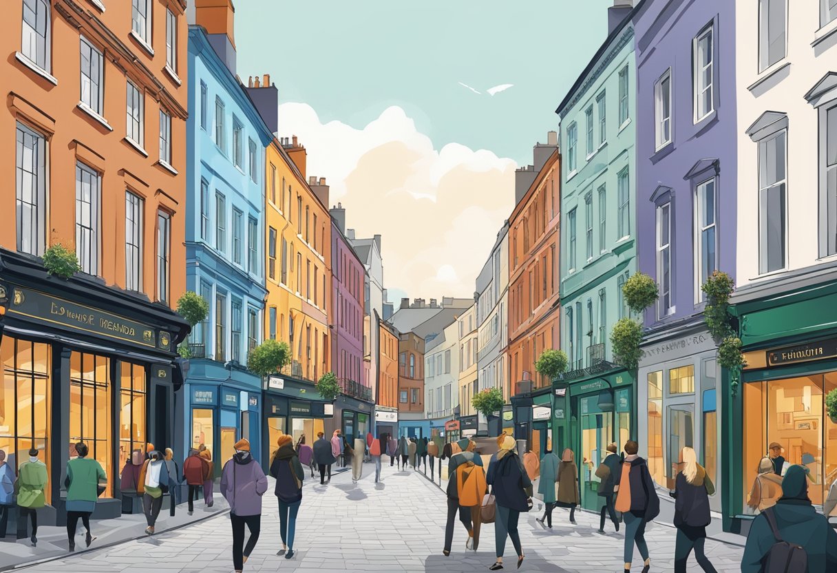 A bustling city street in Dublin, with colorful buildings, people walking, and a mix of traditional and modern architecture