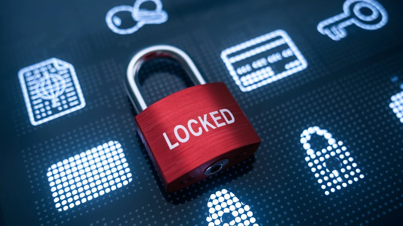 A padlock over a digital screen with personal information icons, symbolizing the importance of protecting digital privacy.