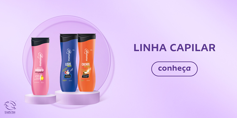 Imagem de três frascos de produtos para cabelo em cores rosa, azul e laranja, posicionados sobre plataformas, com fundo lilás, acompanhada do texto "LINHA CAPILAR" e o botão "conheça".