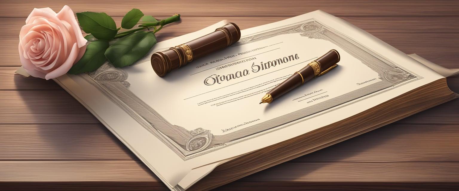 A beautifully detailed replica diploma sits on a polished wooden desk, surrounded by a few carefully placed academic books and a single elegant rose