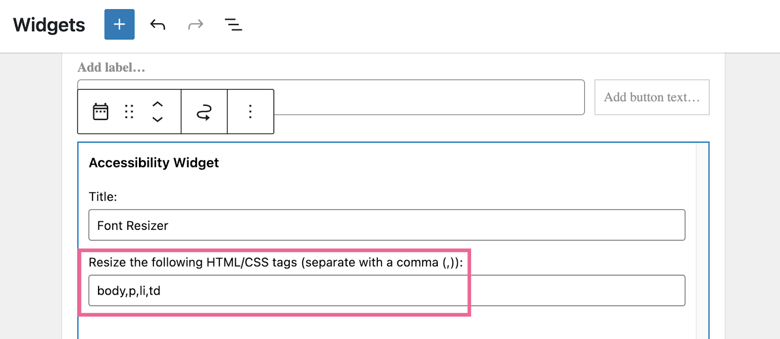 Editando el widget "Accessibility Widget" en WordPress. El usuario está editando las etiquetas HTML y CSS afectadas por este widget.