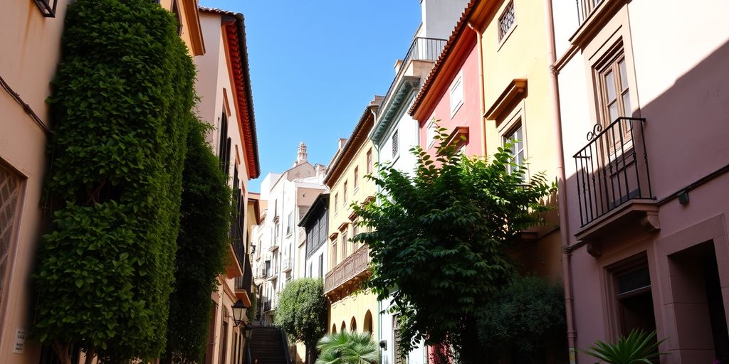 Narrow street in Barrio Santa Cruz with colorful buildings.