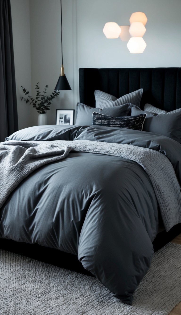 A cozy bedroom with a charcoal gray duvet cover, black and gray decor, and soft lighting