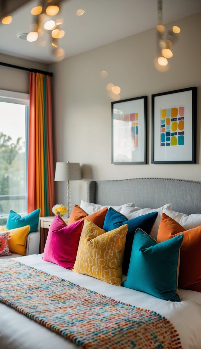 A cozy guest bedroom with a variety of colorful cushions arranged on the bed and seating area, adding a vibrant pop of color to the room