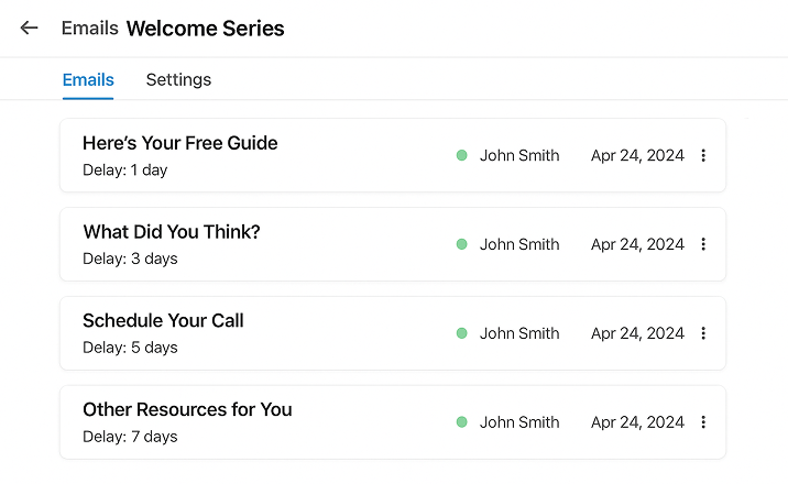 A mockup showing a 4–5 email sequence in an email marketing tool interface