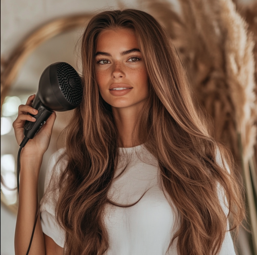 Attractive woman with auburn long hair smiling at the camera after blowdrying her hair wearing a white t-shirt. Featured in the blog, "Luscious Locks: How Body Oil Can Transform Your Hair Care Routine"