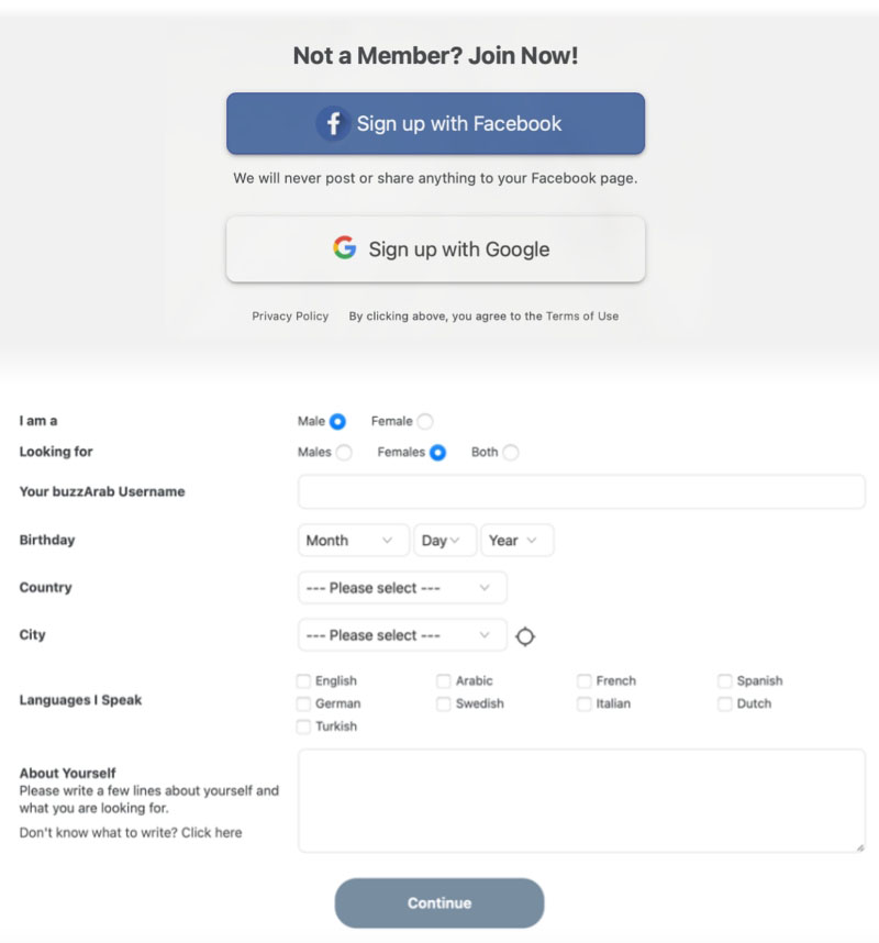 BuzzArab dating site registration process
