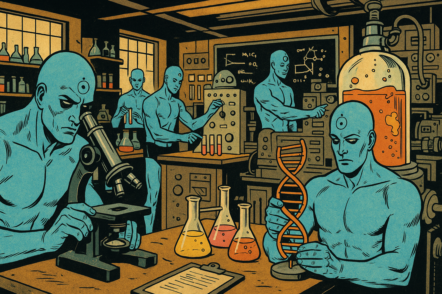 Several blue-skinned Dr. Manhattans work in a retro-style lab, performing experiments with microscopes, DNA models, and chemical equipment. The lab is filled with beakers, machines, and a chalkboard of formulas. There’s no dialogue visible.
