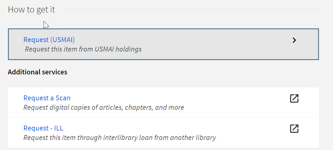 Screenshot of UMD Discovery showing the location of the request options for Interlibrary Loan, scans, and USMAI Request