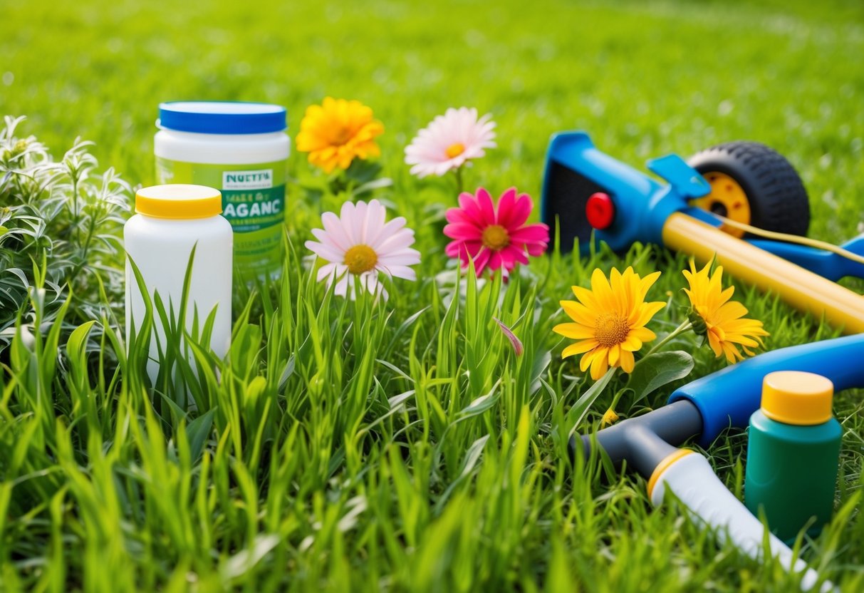 A lush green lawn with healthy grass and vibrant flowers, free from pests and disease, surrounded by natural and organic pest management tools and products