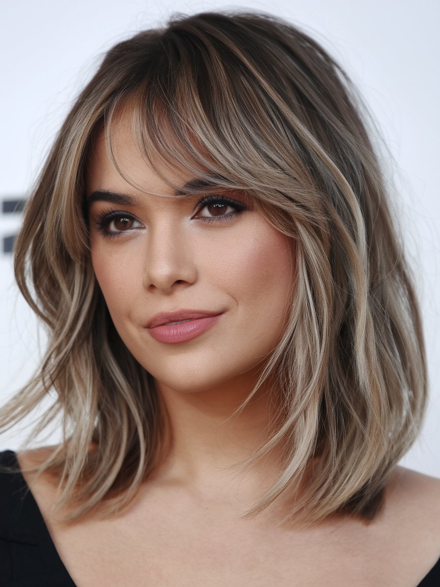 59. Angled Bob Hairstyle For Thin Hair with Wispy Bangs