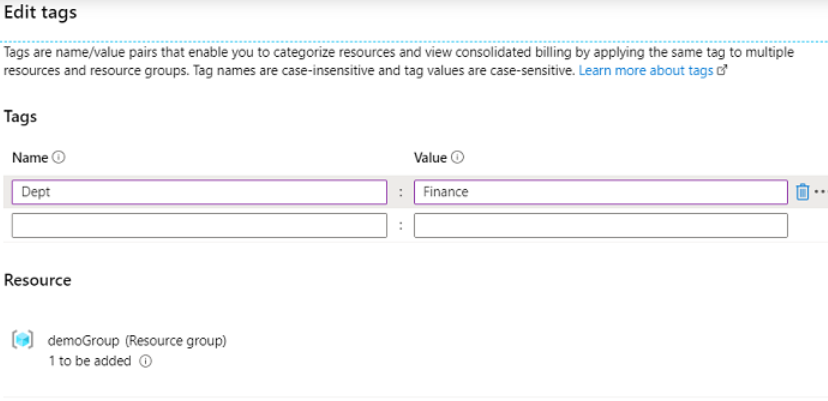 The process of creating a tag in Microsoft Azure 