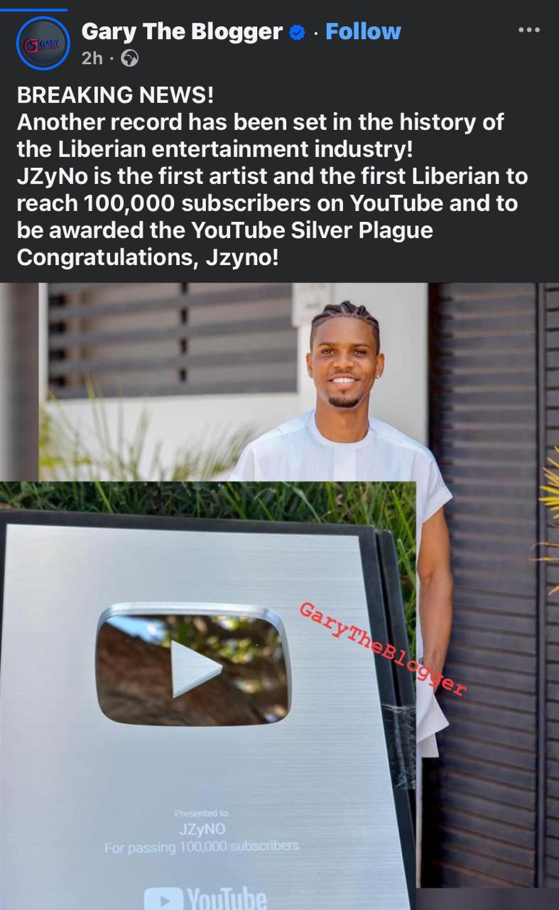 JZyNo is not the first Liberian to win a YouTube Silver Plaque