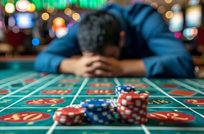 Image of a person at a casino table, looking distressed as they lose money because of gambling addiction