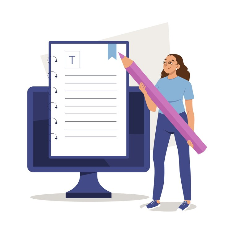 Illustration of a girl holding a color pencil and pointing towards an article writing format