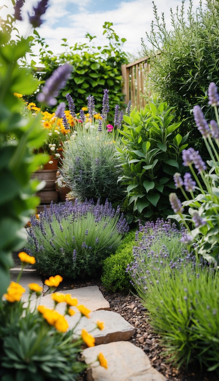 A cozy garden retreat with a variety of lavender plants, surrounded by lush greenery and colorful flowers. A peaceful and inviting corner to relax and unwind