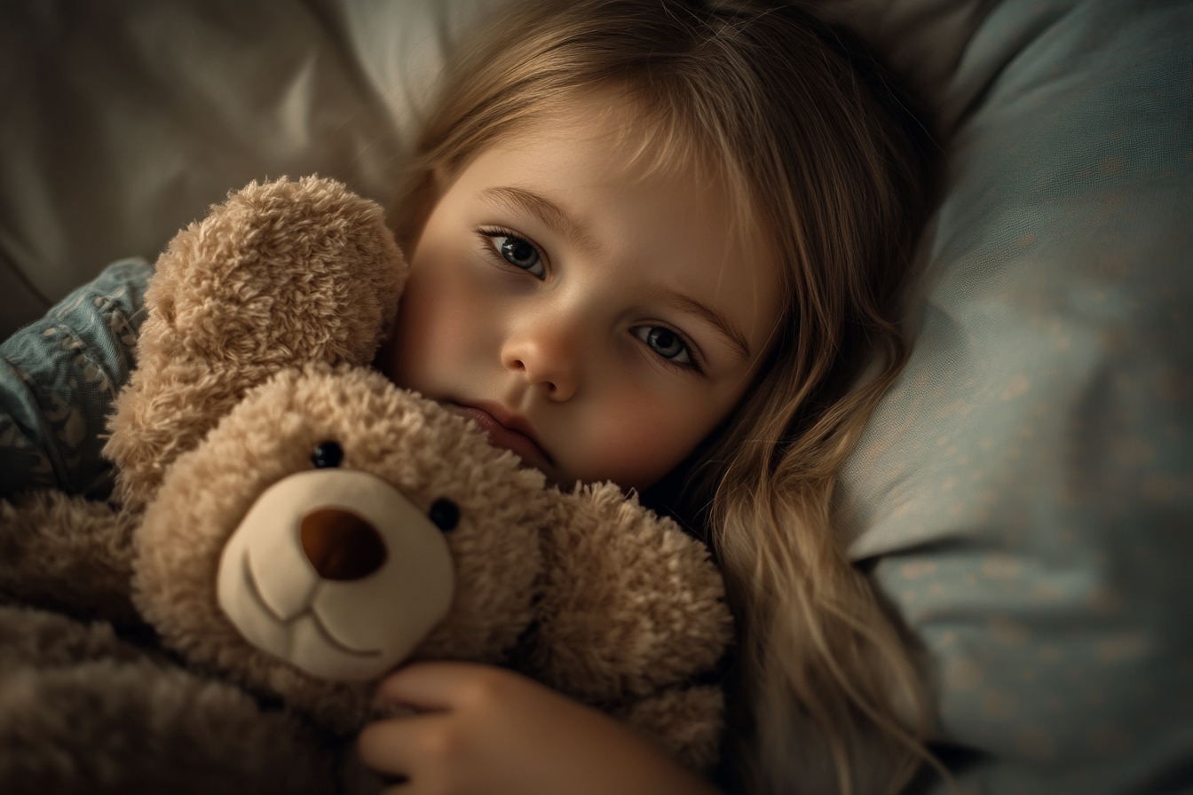 A sad little girl hugging a teddy bear in bed | Source: Midjourney