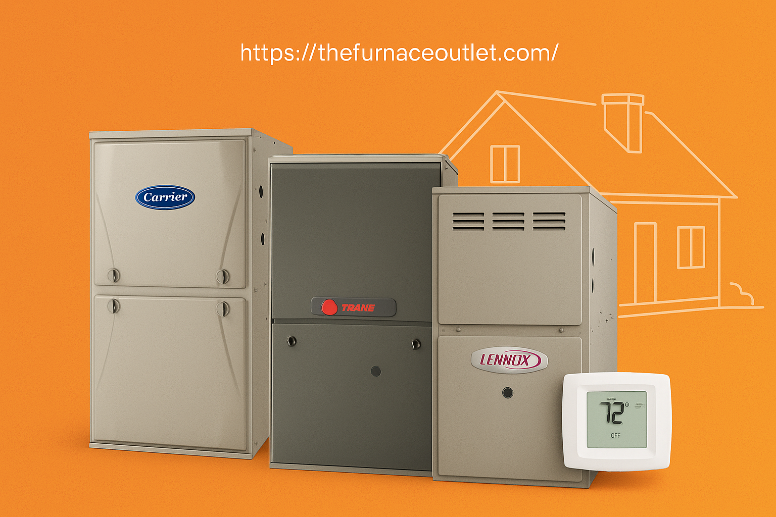 A promotional digital graphic for TheFurnaceOutlet.com features Carrier, Trane, and Lennox furnaces in front of a drawn house outline and a digital thermostat, highlighting home heating comfort and efficiency