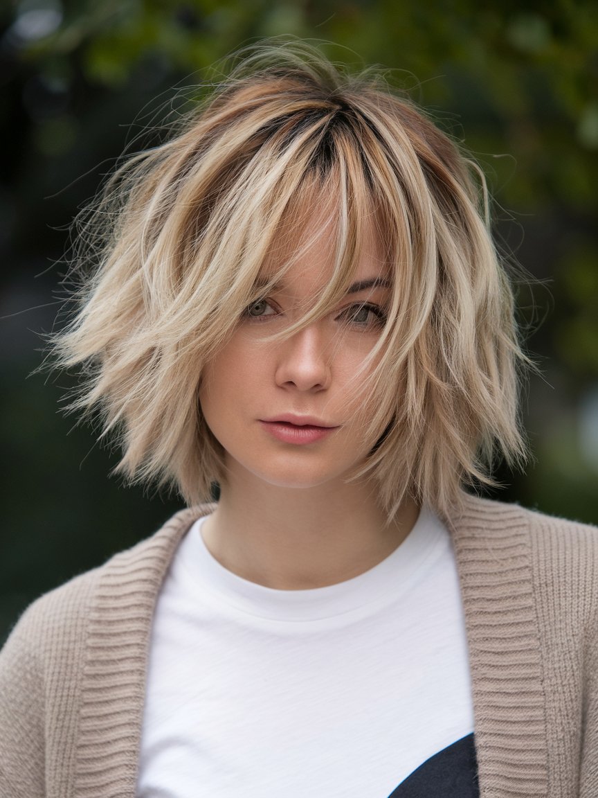 28. Messy Blonde Bob with Lowlights