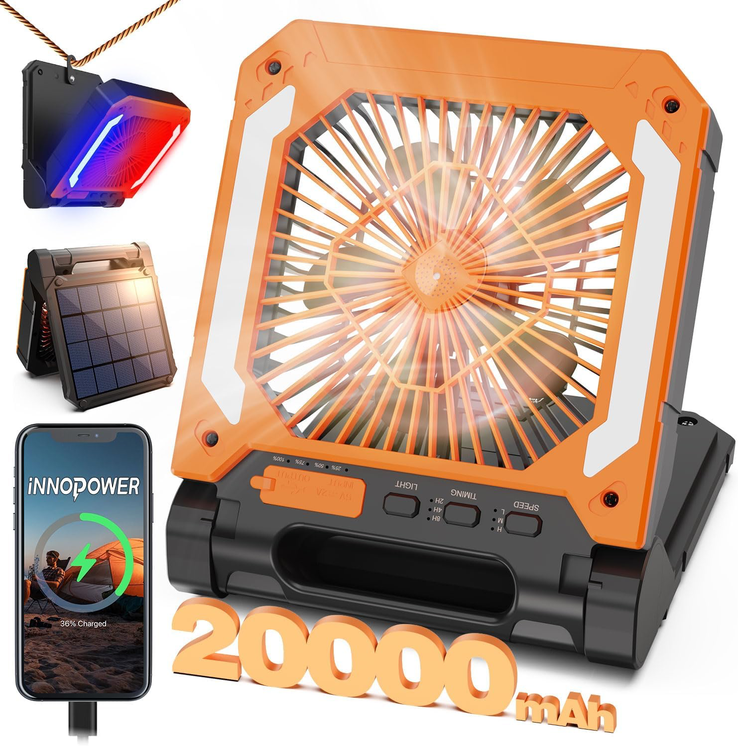 Image of Innopower Solar Powered Portable Fan in orange for eco-sustainable travel