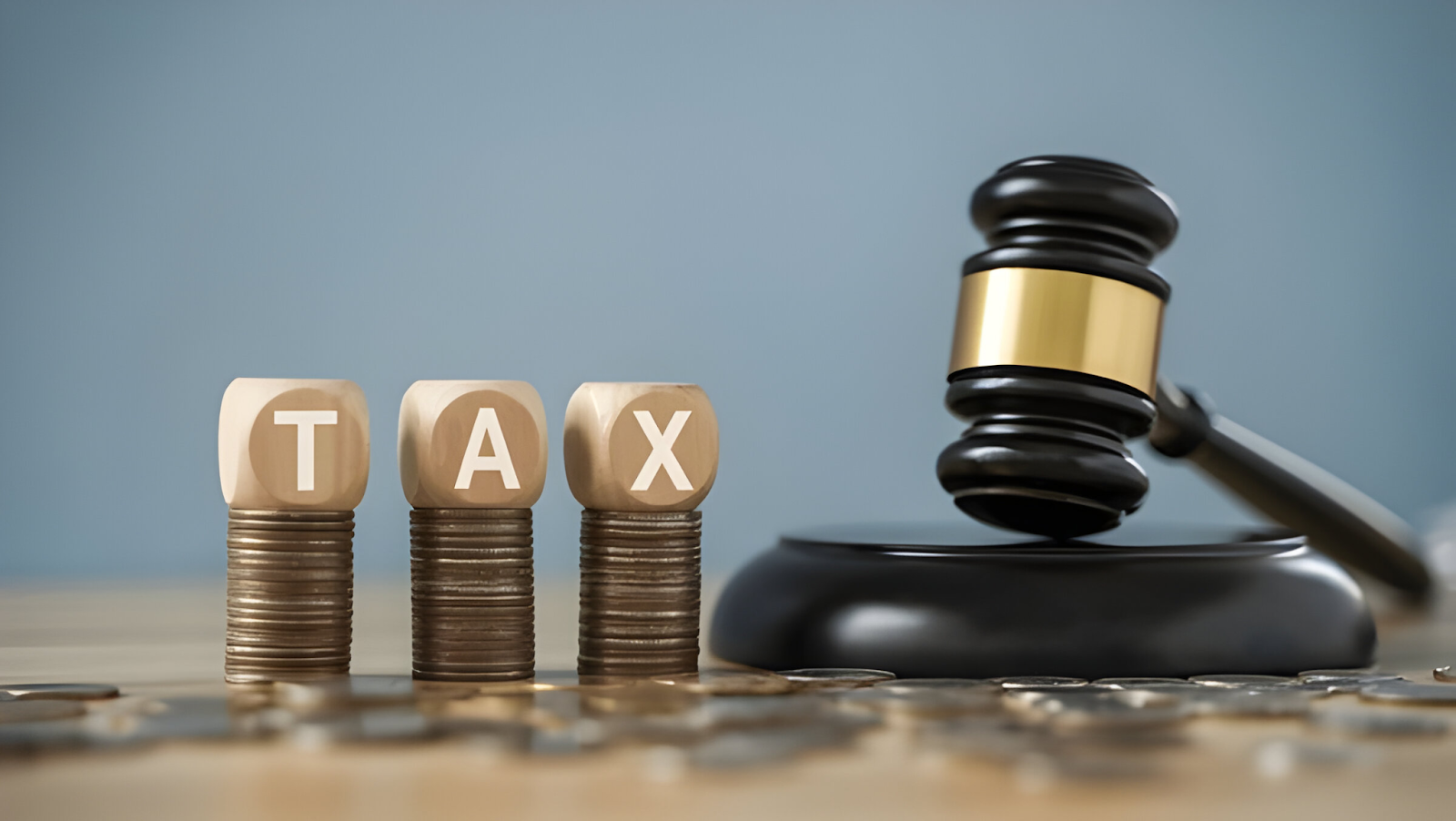 A gavel next to stacks of coins topped with wooden blocks spelling "TAX," symbolizing the importance of ensuring compliance with tax laws.






