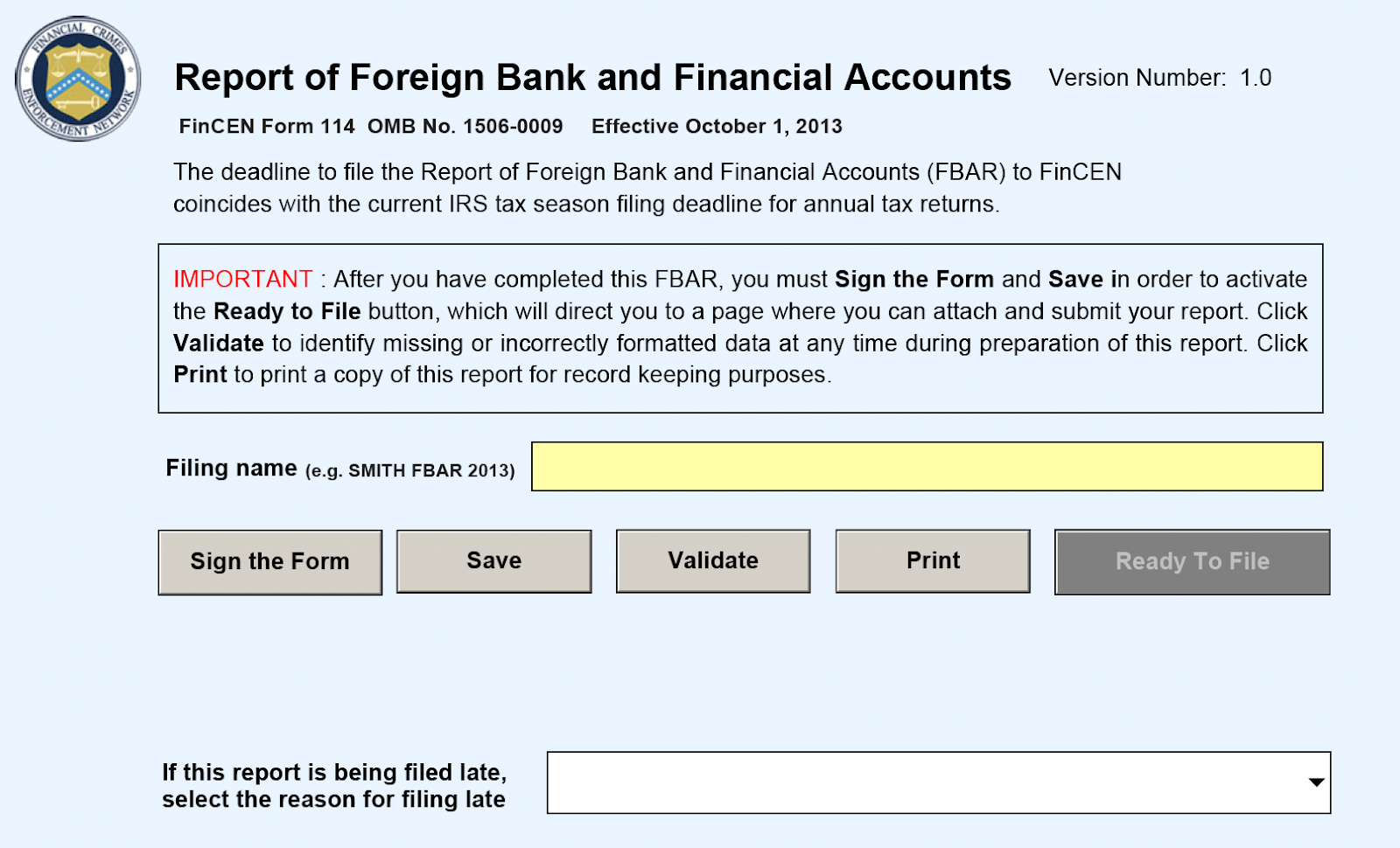 A screenshot of the first part of the FBAR.