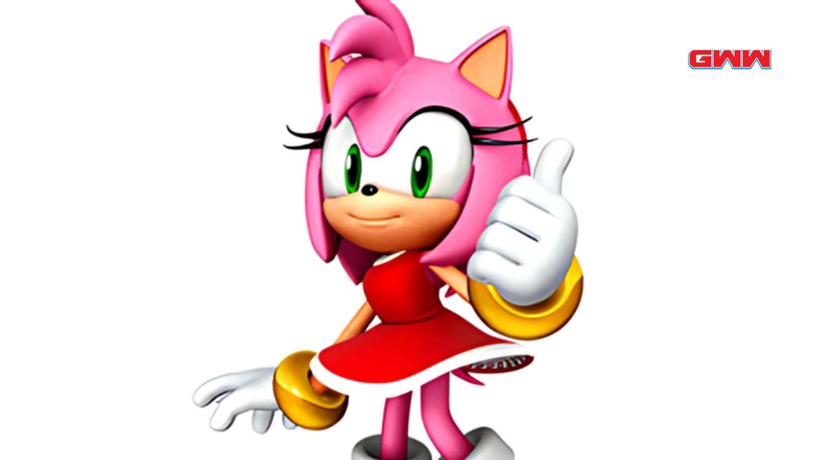 Amy Rose gesturing thumbs up with her hands.