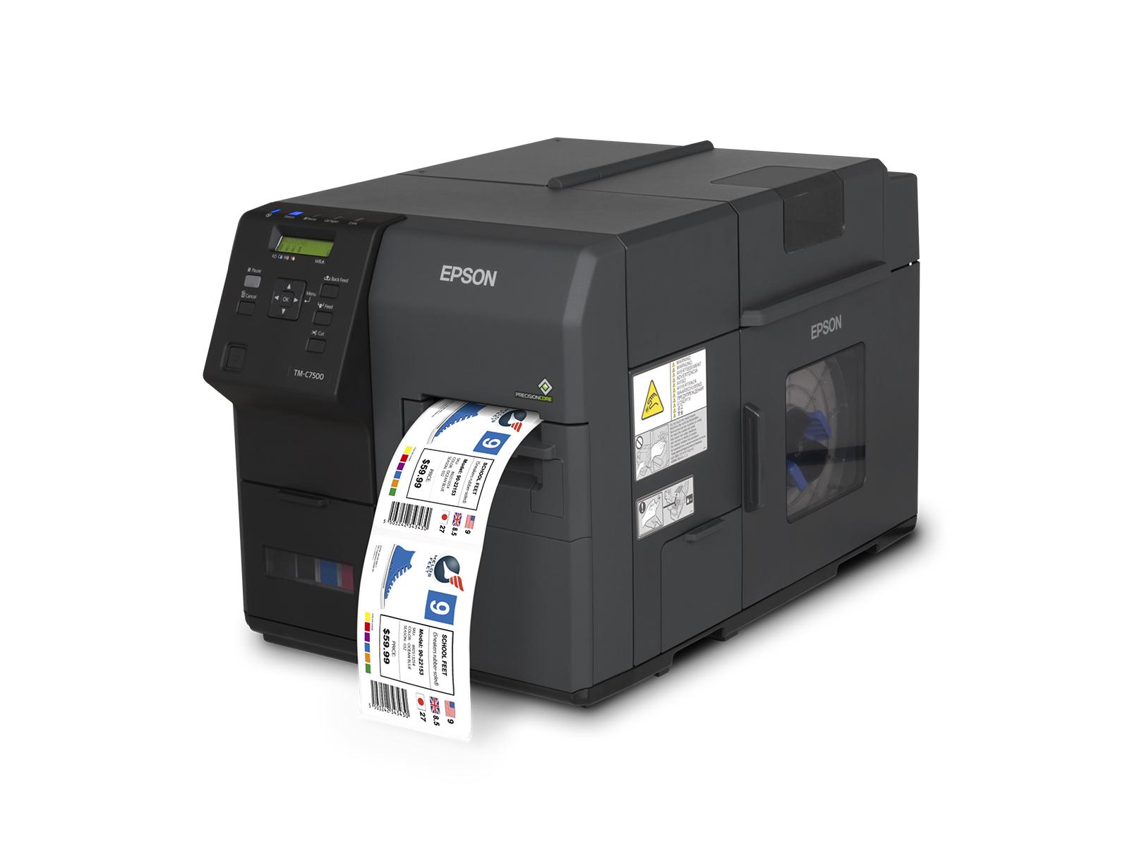 Epson ColorWorks C7500 label printer with a roll of printed labels