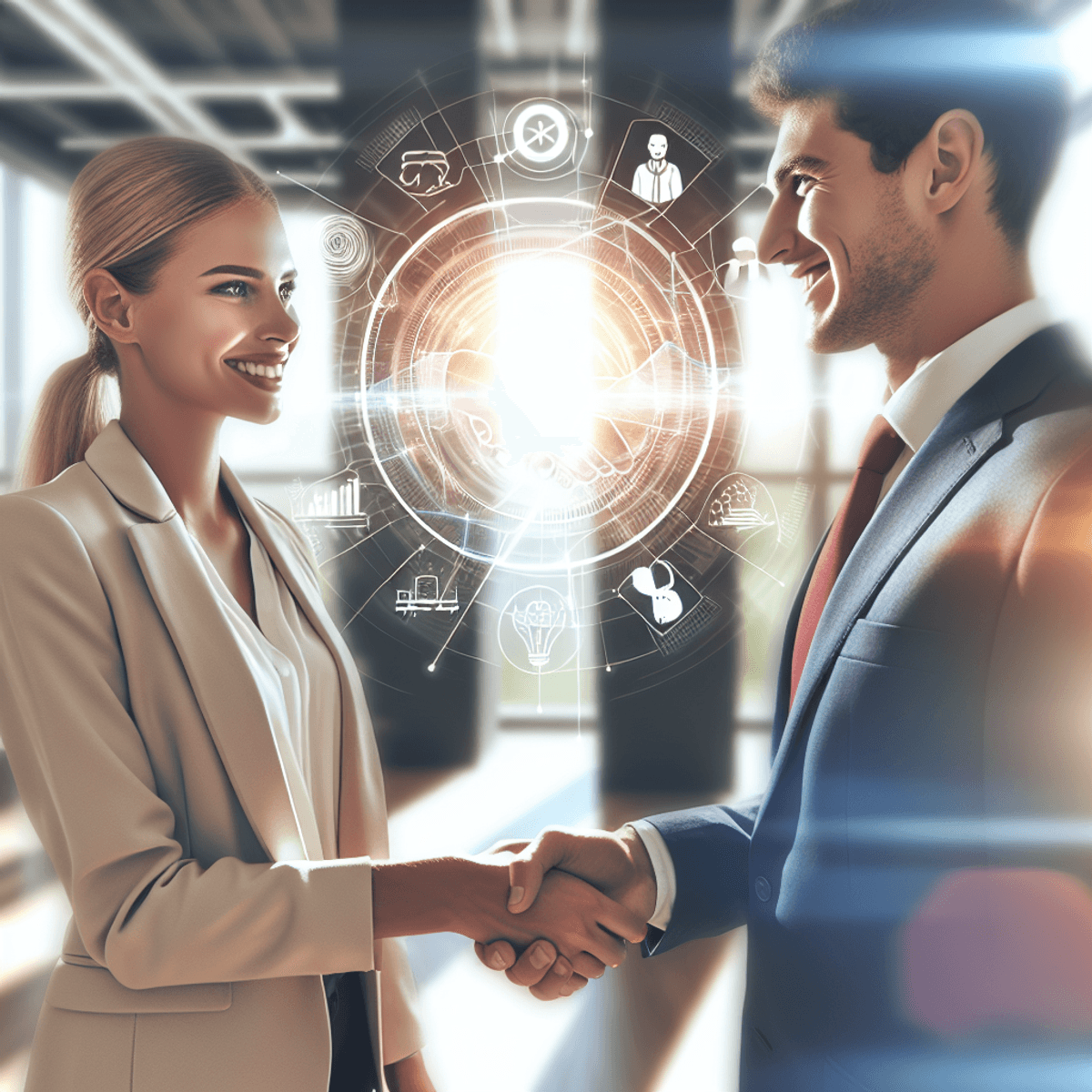 A Caucasian businesswoman and a Hispanic businessman shake hands in a modern office filled with natural light, symbolizing collaboration and partnership. The background showcases their brand logos subtly integrated into the decor, with plants and large windows enhancing the bright, cheerful atmosphere, reflecting mutual growth and professional unity.