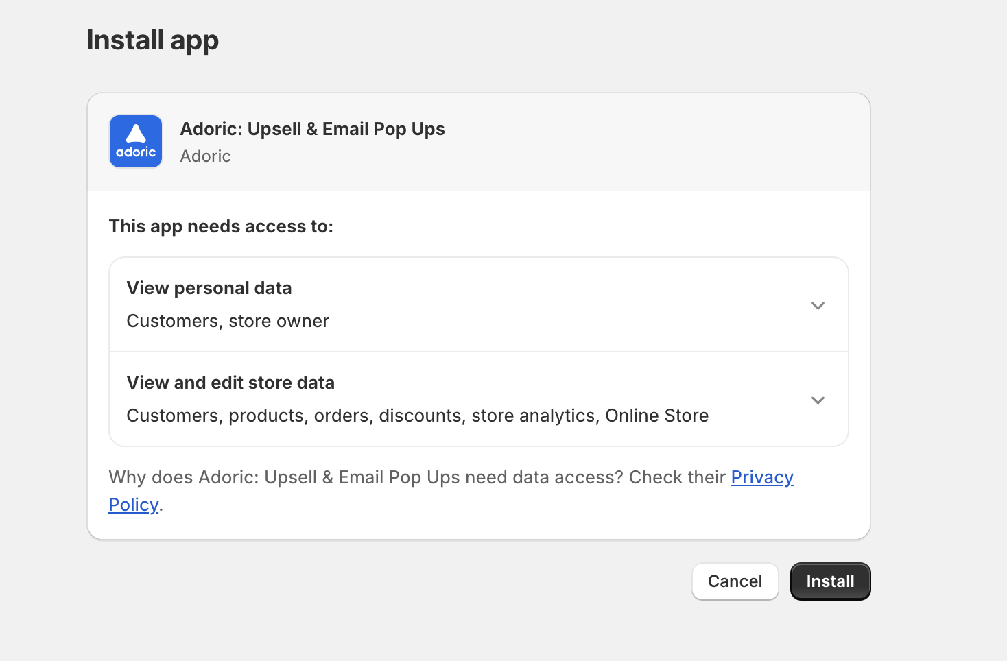 granting permission to add popup app to Shopify