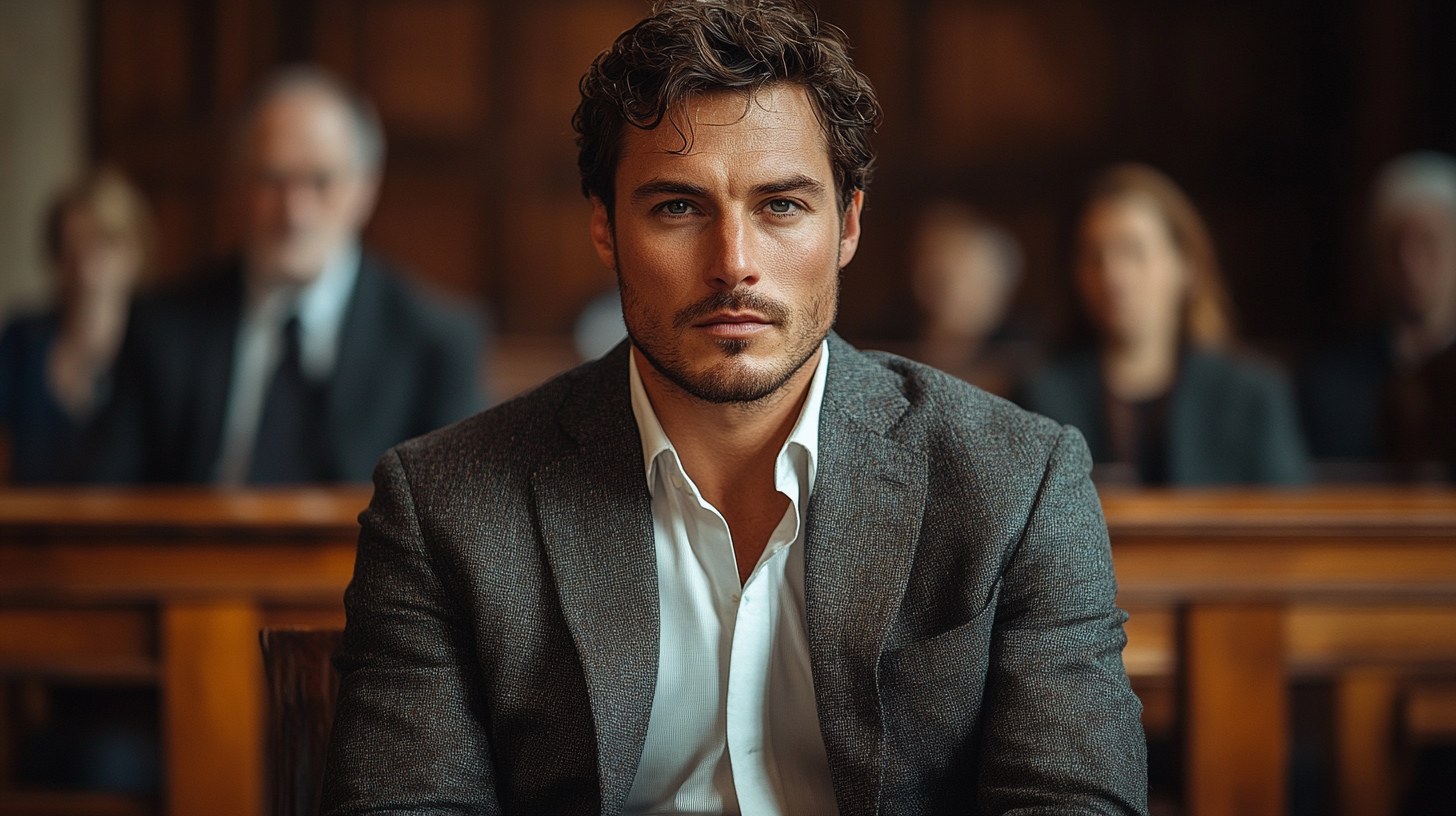 
A man sitting quietly in a courtroom, dressed in a charcoal gray suit, a white dress shirt, and no tie. His posture is composed and respectful, observing the proceedings with a neutral expression. The background features a traditional courtroom setting with wooden benches, a judge’s bench, and other spectators dressed in formal attire. The atmosphere is serious and subdued, with soft, natural lighting. Ultra-realistic, cinematic detail, 4K resolution.