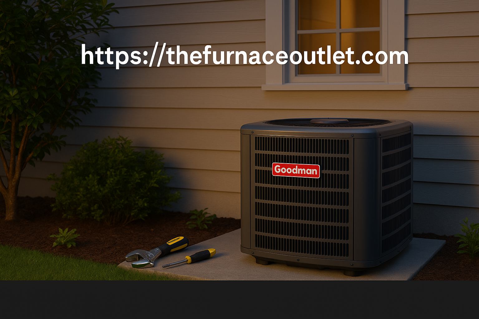 A Goodman 3-ton air conditioner outside a home at dusk, with tools placed nearby, showcasing reliability, affordability, and service readiness for The Furnace Outlet.
