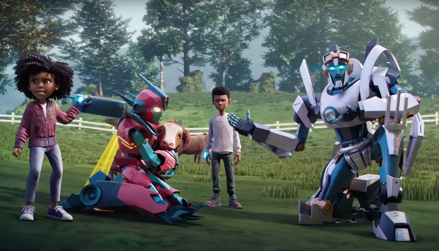 Personajes de Transformers Earthspark en un campo abierto, interactuando con niños en una escena de acción.