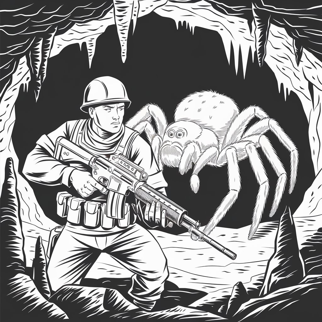 Color Page for Soldier and Spider in Cave Printable Free