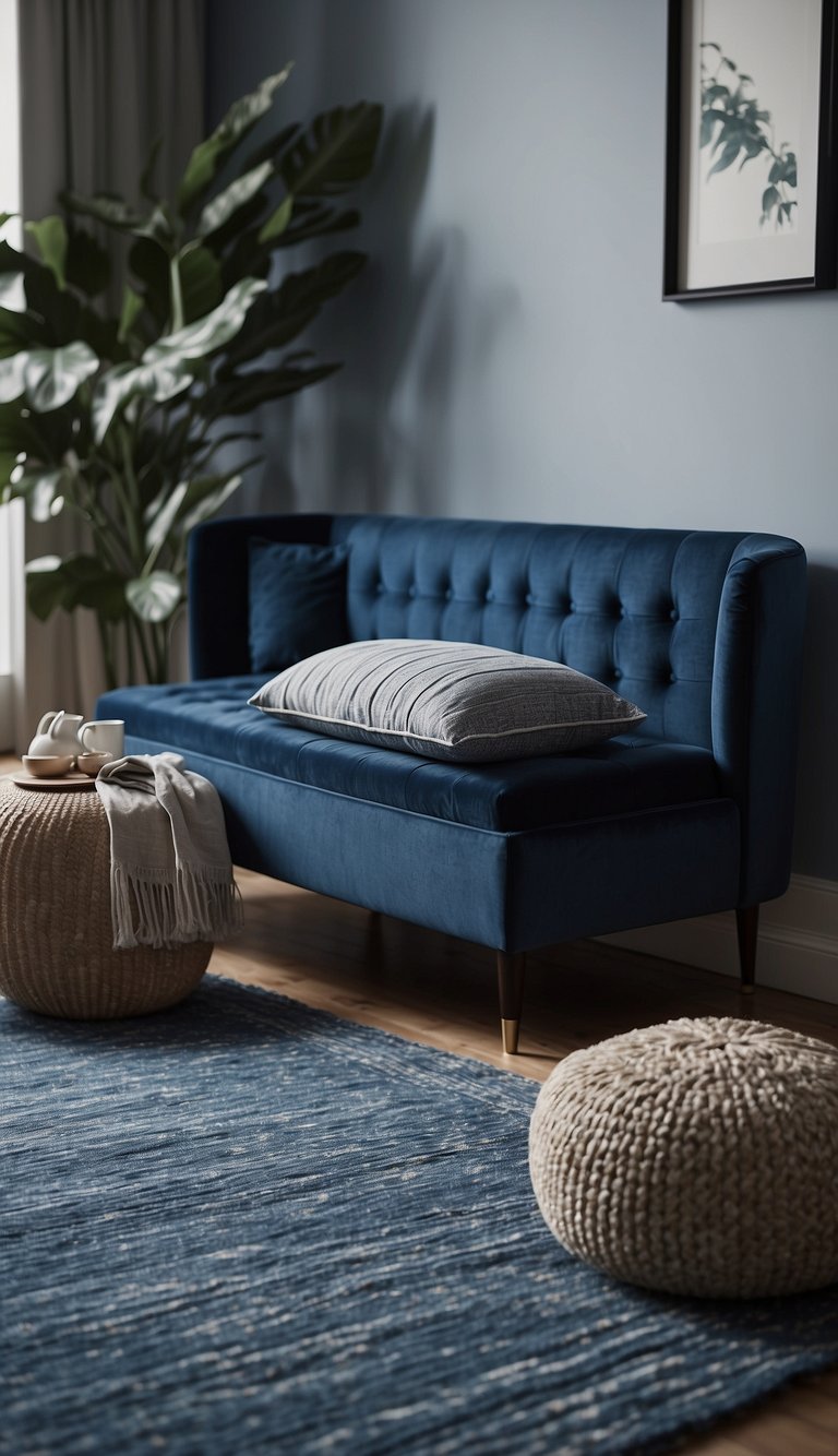 A dark blue storage bench sits in a cozy bedroom, surrounded by indigo accents. The room exudes a calm and serene atmosphere