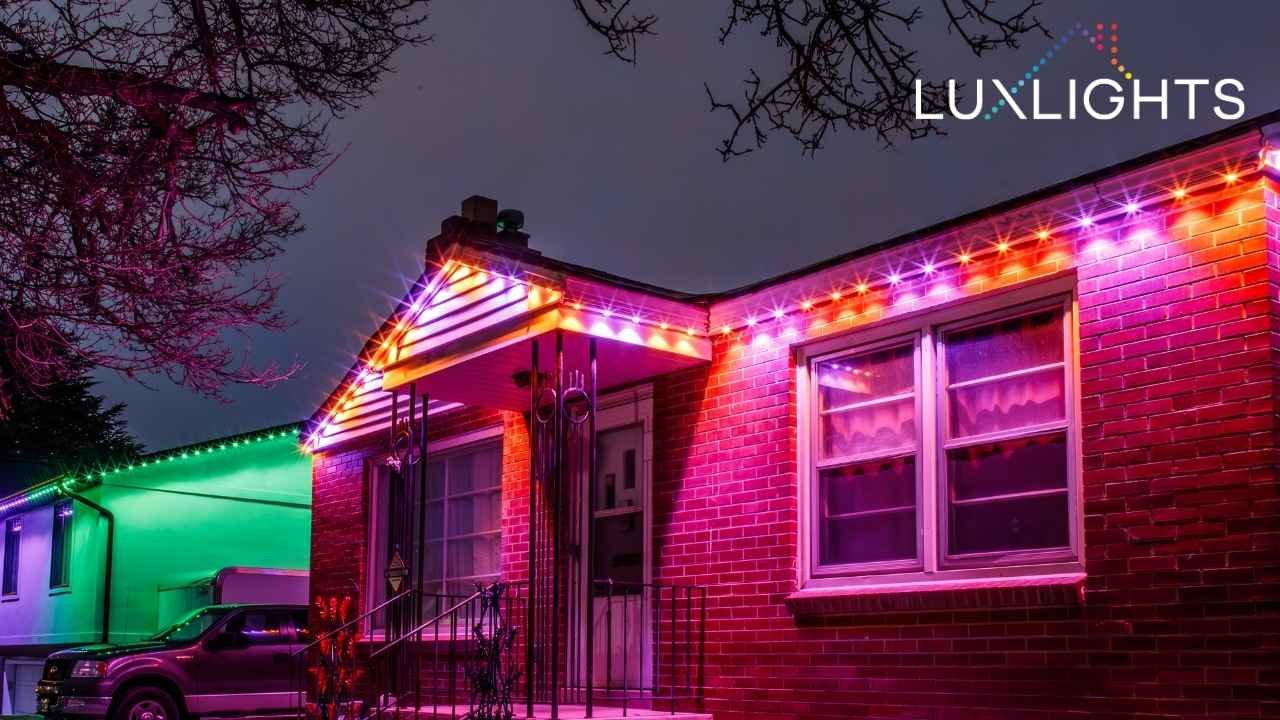 purple, orange, and green permanent outdoor lights