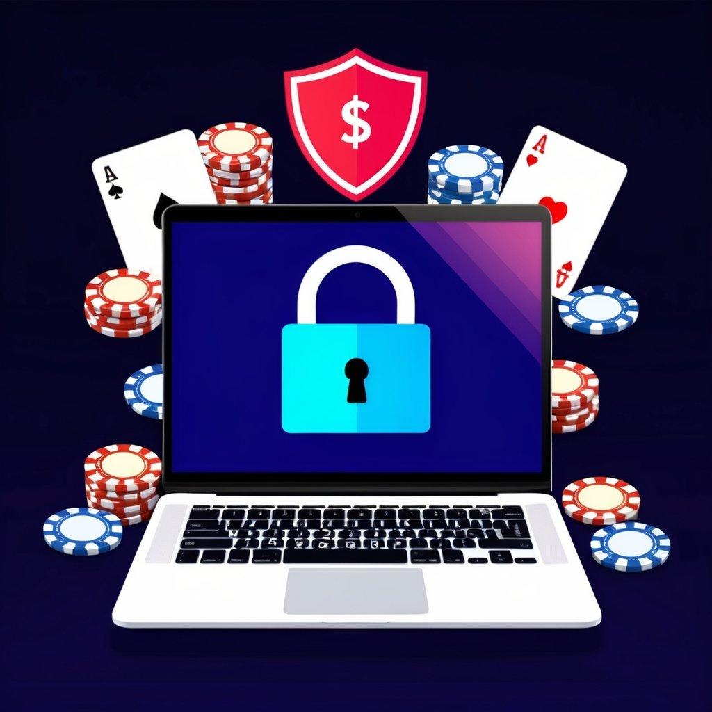 A laptop with a padlock symbol on the screen, surrounded by casino chips and betting cards, while a shield icon hovers above