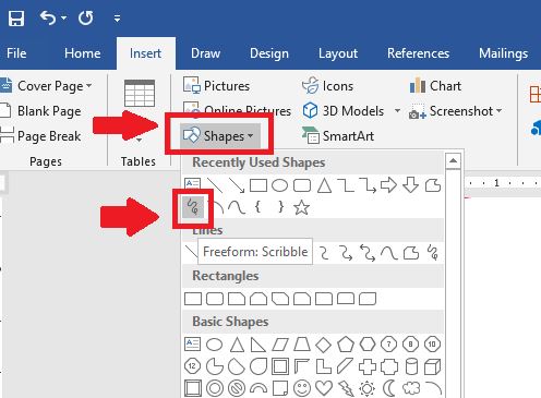 Masuk ke menu “Shape” dan pilih ikon “Freefrom: Scribble”