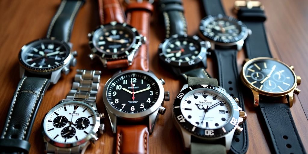 Various watch styles on a wooden surface