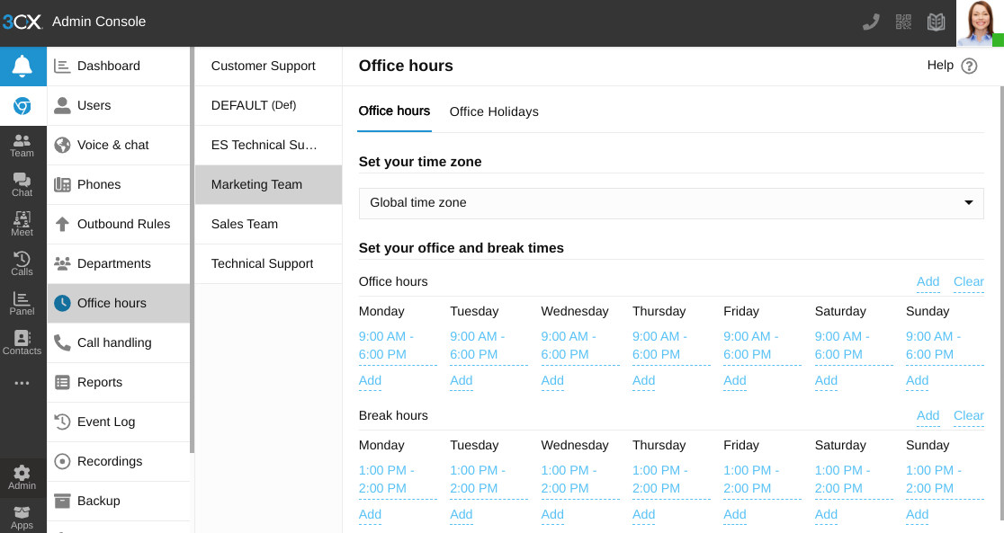 Office hours menu in 3CX Admin Console