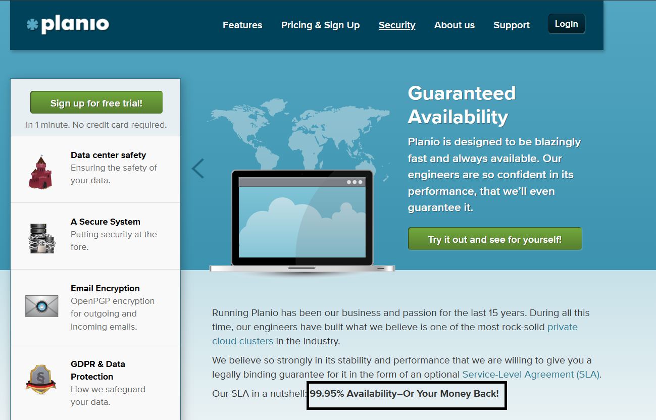 An example of an SLA, posted to Planio's website to set customer expectations. 