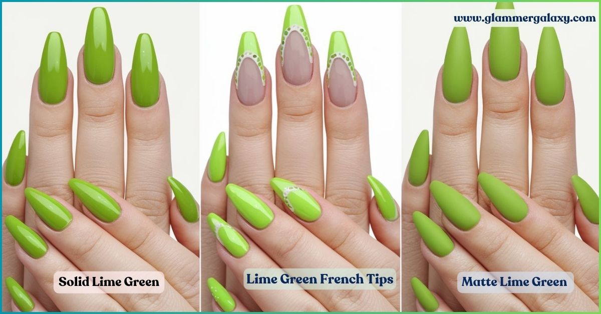 Three styles of lime green nail polish on hands against a white background.