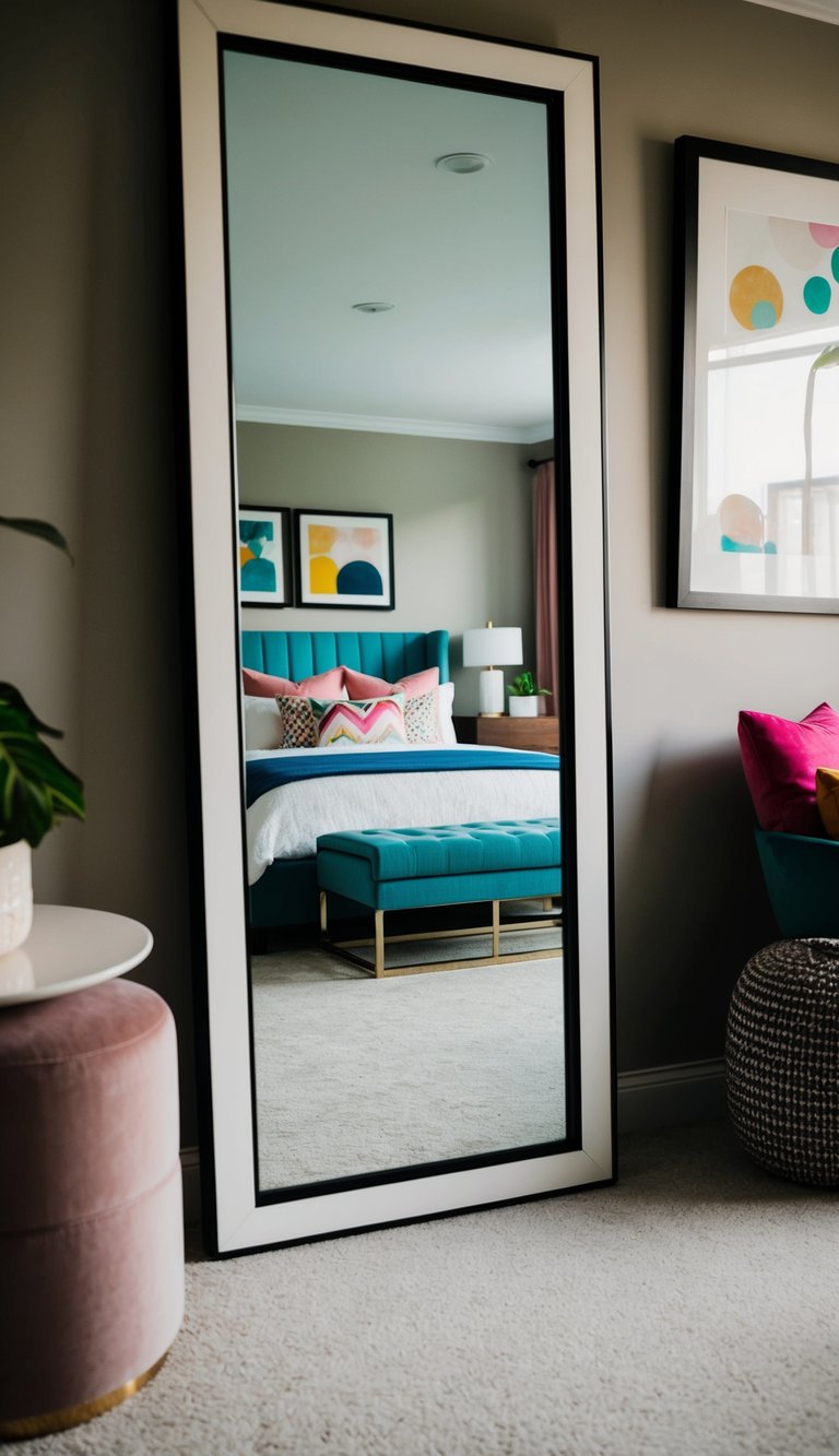 A full-length mirror reflects a stylishly decorated bedroom with modern furniture and vibrant colors