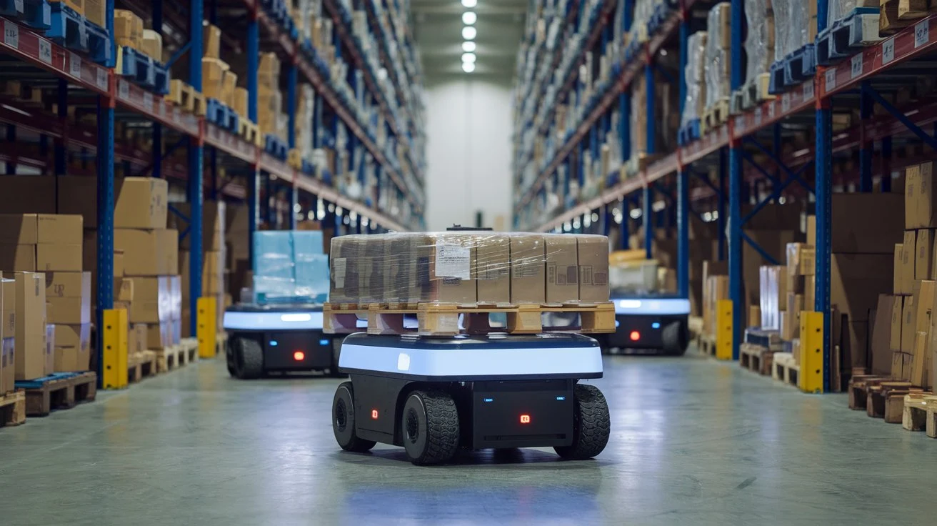 Mobile robots transporting goods in a warehouse.