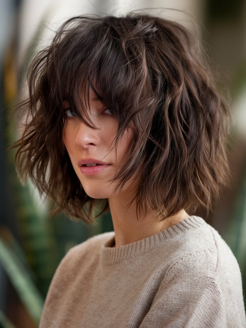 57. Wavy Tousled Bob with Long Bangs